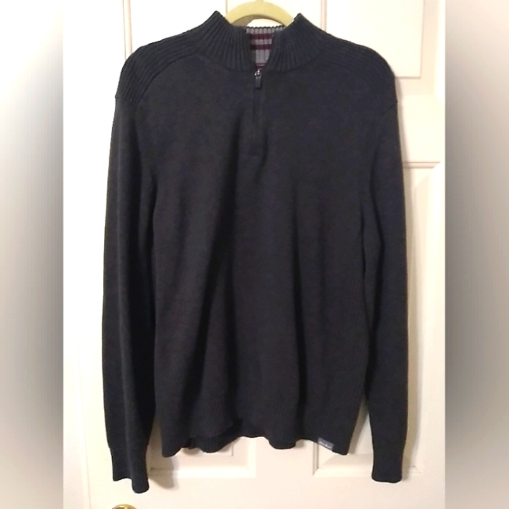 Eddie Bauer Men SZ L 1/4 Zip Dark Grey Sweater 100% Cotton